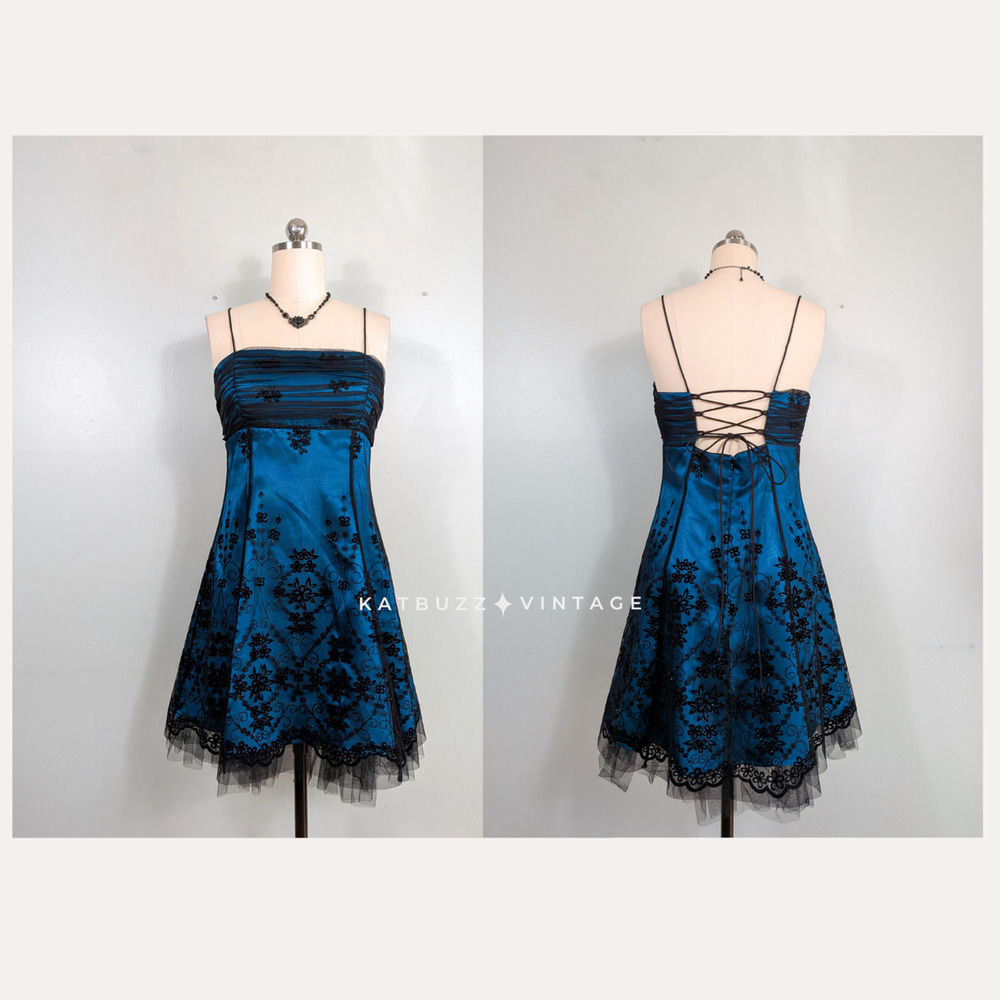Vintage Nites Prom Dress Mini Gown 12 Blue Black Corset Fairy Goth Babydoll Y2K